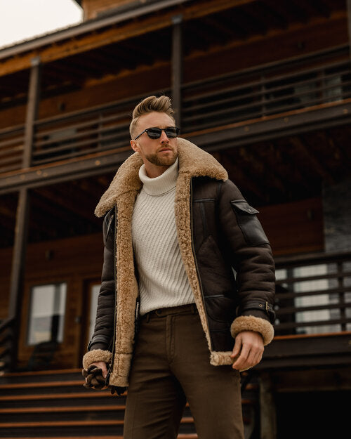New Men's Genuine Sheepskin Shearling B3 Bomber Jacket – Real Leather Vintage Aviator Winter Coat for Extreme Cold Weather
