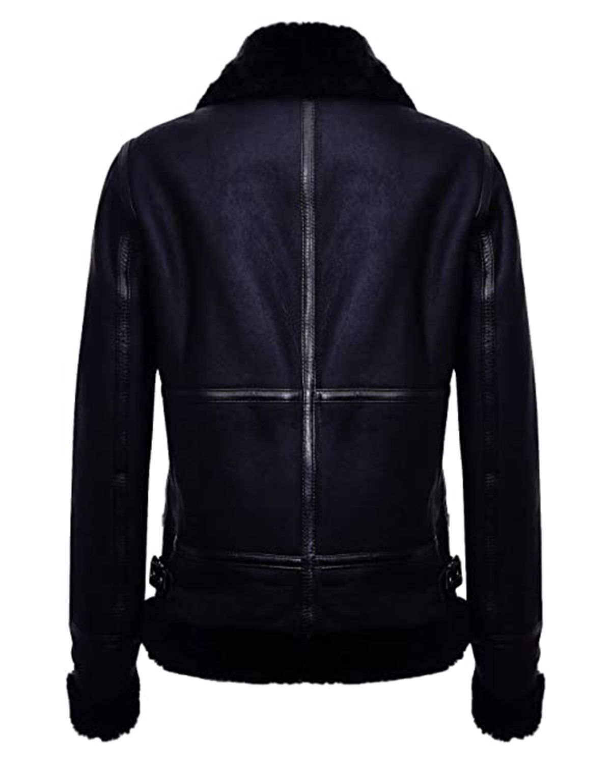 New Black Women Sheepskin Aviator Shearling Genuine Leather Bomber Jacket With Black Fur Collar