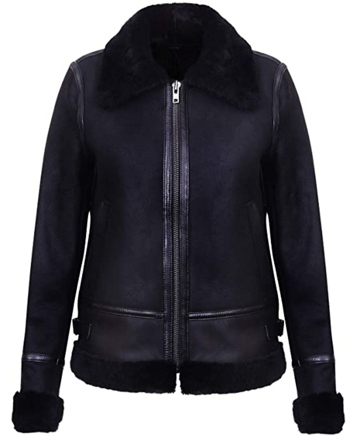 New Black Women Sheepskin Aviator Shearling Genuine Leather Bomber Jacket With Black Fur Collar