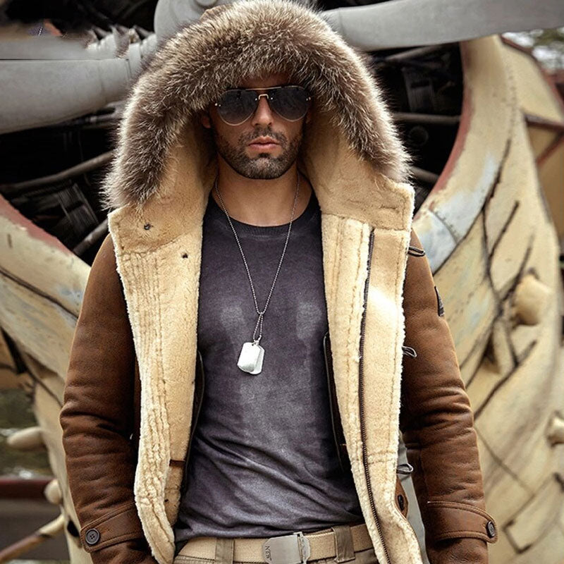 New Men Sheepskin Shearling Coat Winter Coats Long Fur Jacket Mink Fur Collar Coat