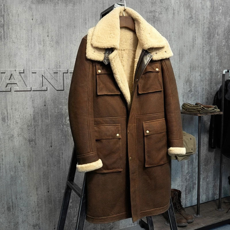 New Shearling Lambskin Luxury X-Long Military Style Coat For Men's