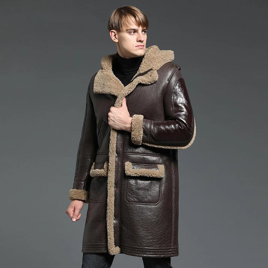 New Men's B3 Bomber Jacket Coat Men's Winter Leather Shearling Jacket Men's Long Thick Coat