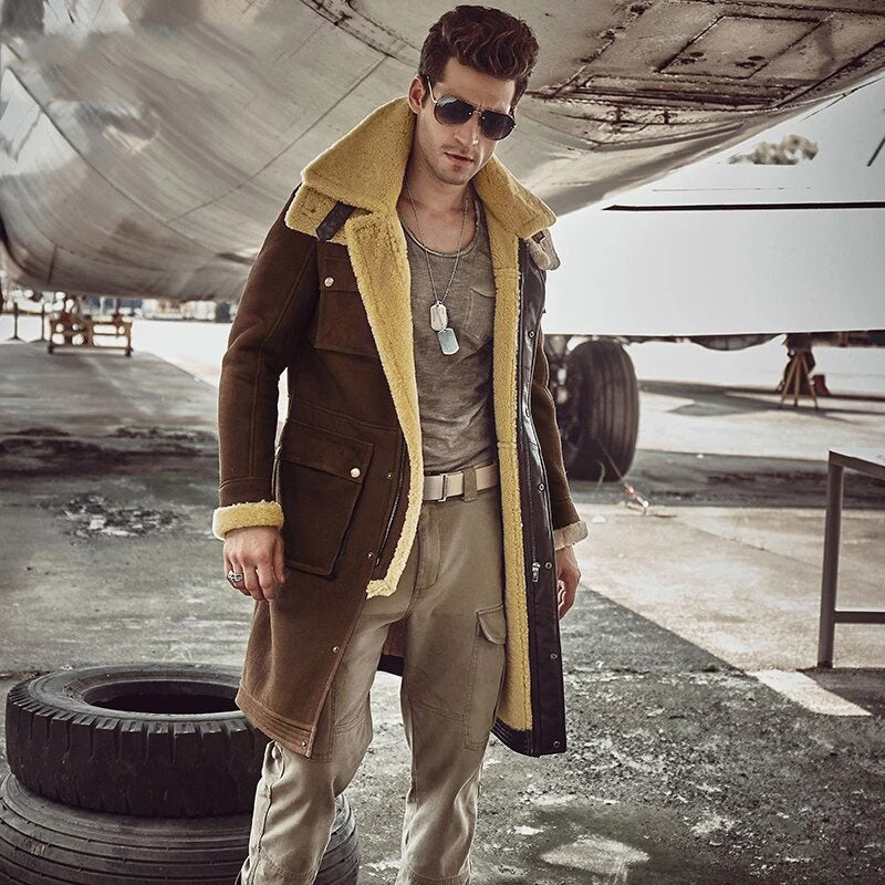 New Shearling Lambskin Luxury X-Long Military Style Coat For Men's