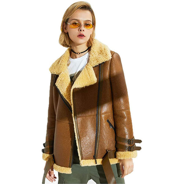 New Women Sheepskin Shearling Leather Bomber Jacket
