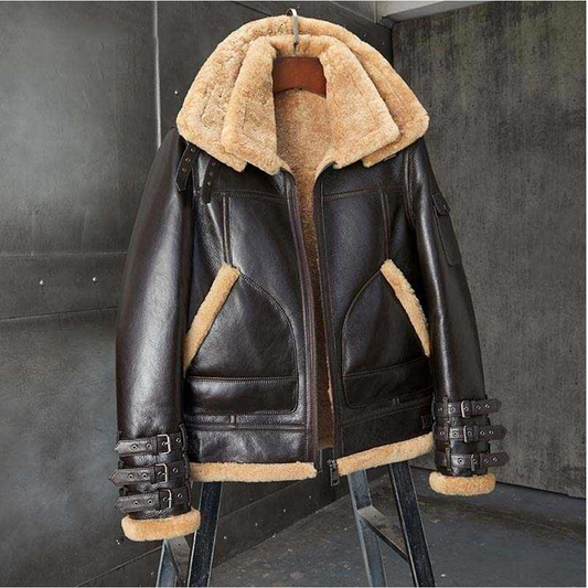 New Men B3 Bomber Wool Collar Coat Vintage Shearling Leather jacket