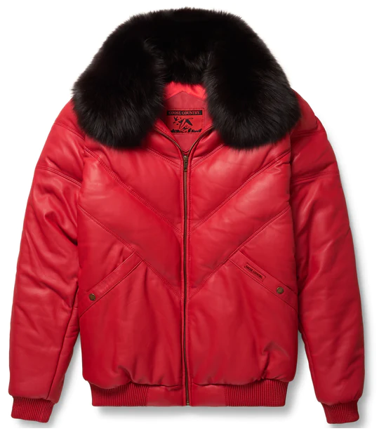 New Men V Bomber Jacket Red Color With Black fur Collar