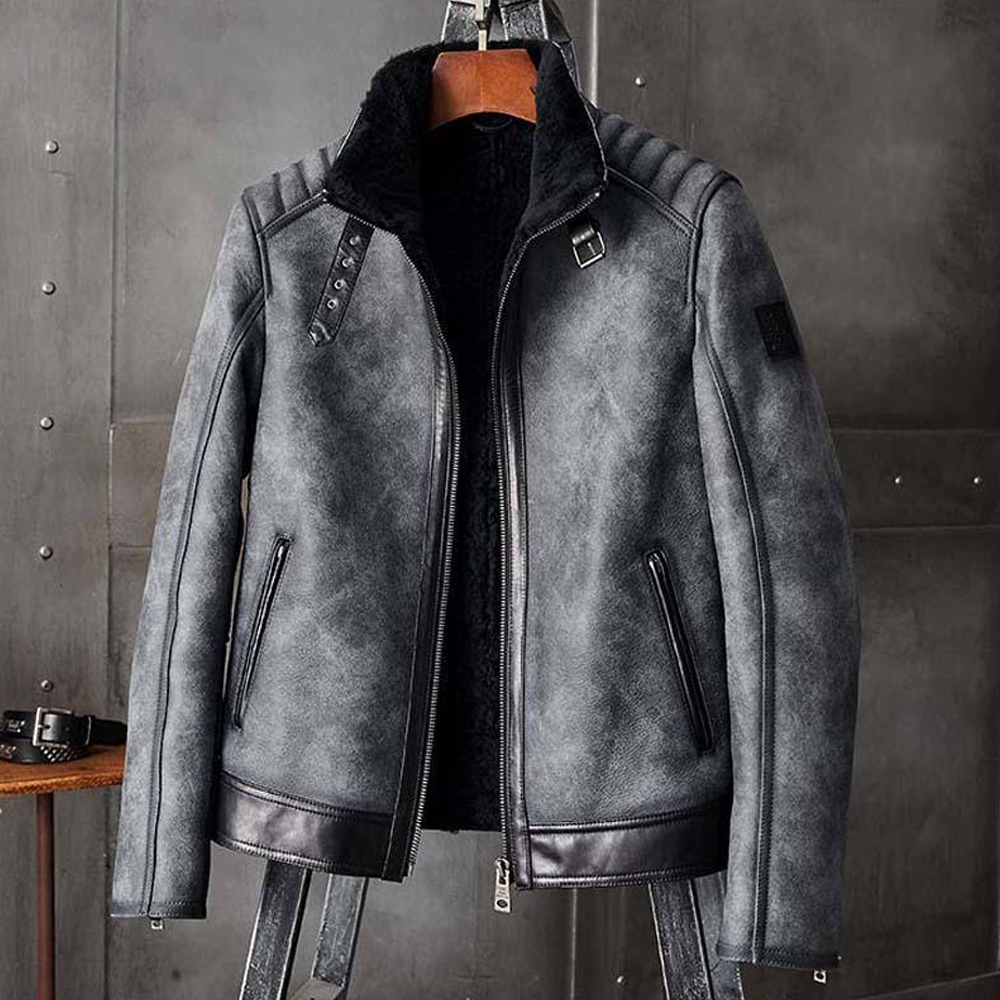 New Shearling Coat Mens B3 Bomber Jacket Black Leather Motorcycle