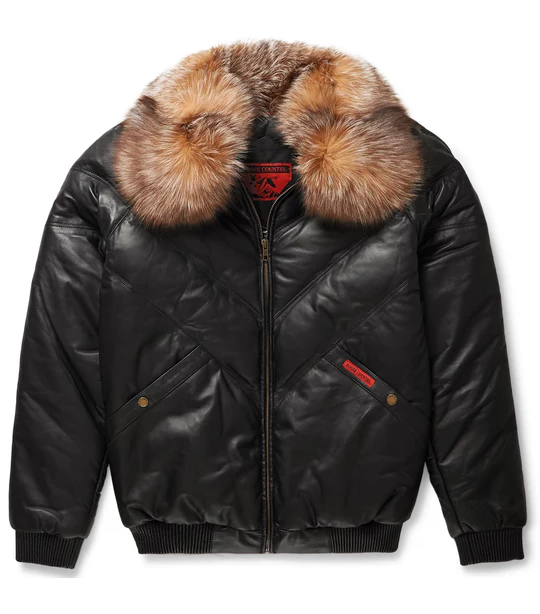 New Black Premium LambSkin Leather V Bomber Jacket For Men With Fur Collar