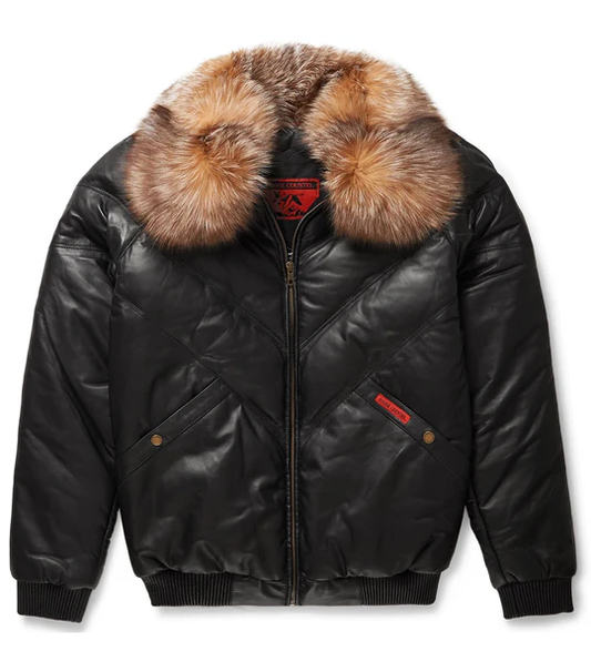 New Black Premium LambSkin Leather V Bomber Jacket For Men With Fur Collar