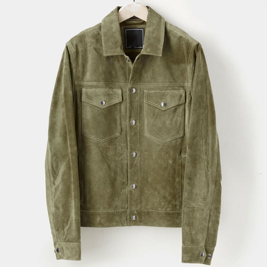 New Men’s Green Sheepskin Western Cowboy Suede Style Leather Bomber Jacket