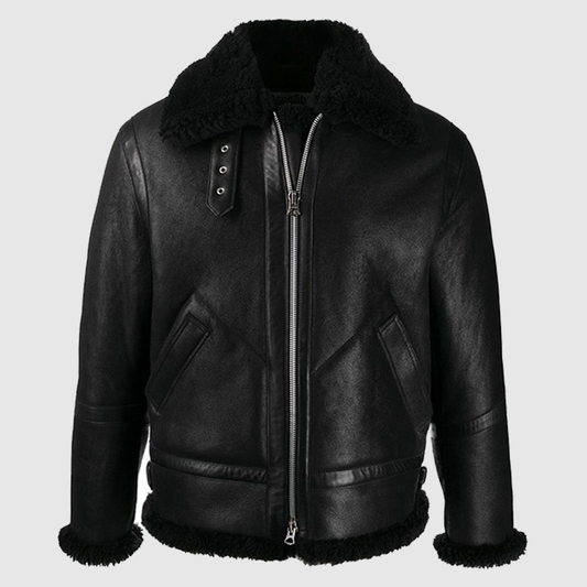 New Black Men B3 Bomber Aviator Black Lambskin Faux Shearling Leather Jacket