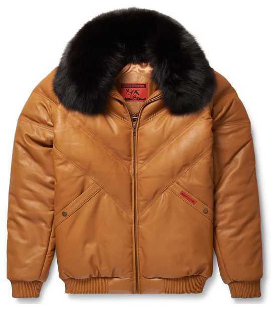 New Brown V Bomber Jacket With Black fur Collar For Men