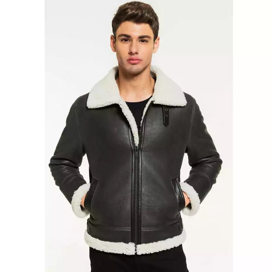 New Black Original Sheepskin B3 Bomber Leather Jacket With White Fur