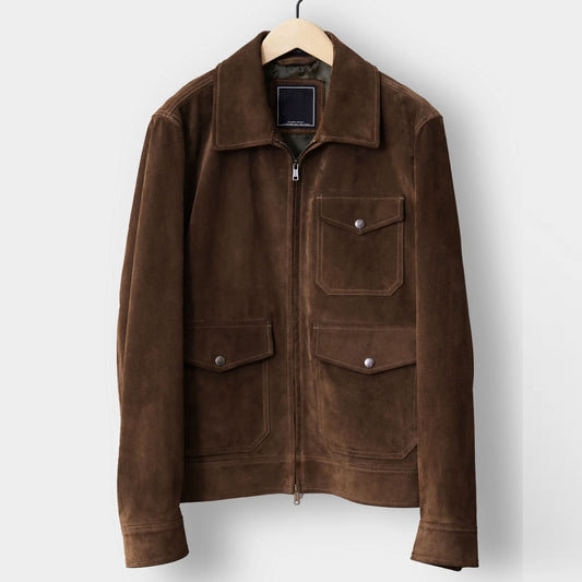 New Men Suede Lambskin Chocolate Brown Cowboy Trucker Leather Jacket
