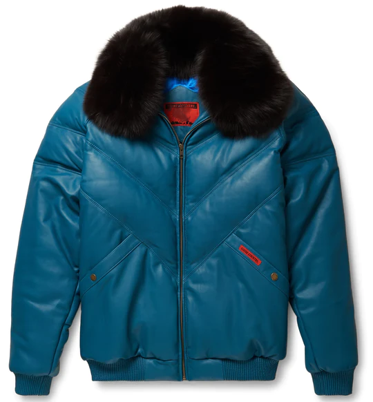New Men Teal Leather V Bomber Jacket With Black Fur Collar