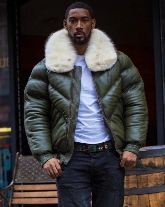 Green bomber jacket with fur collar best sale