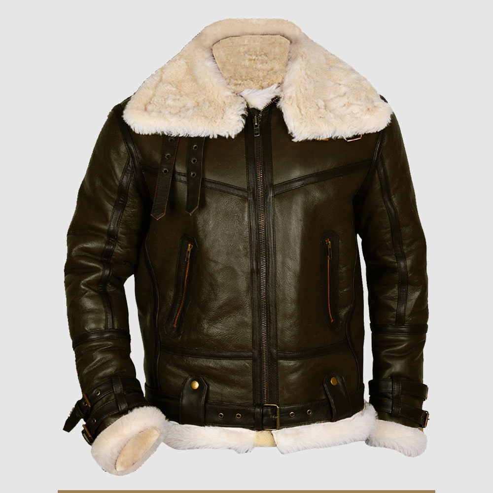 New Army Green Sheepskin B3 Bomber Shearling Leather Jacket For Men