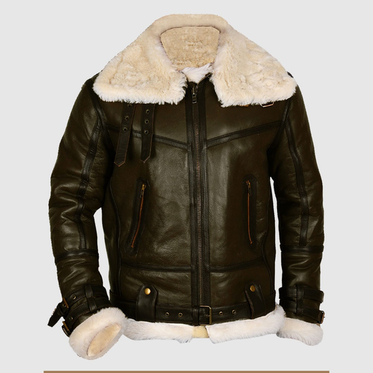 New Army Green Sheepskin B3 Bomber Shearling Leather Jacket For Men