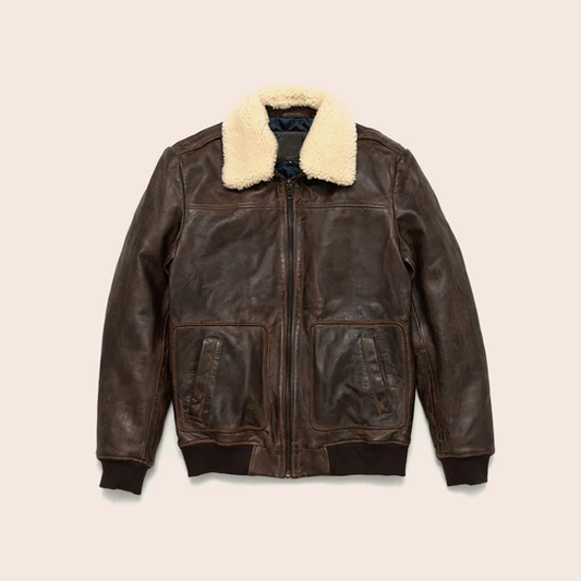 New Men Brown  Sheepskin Shearling Genuine Aviator Leather Jacket