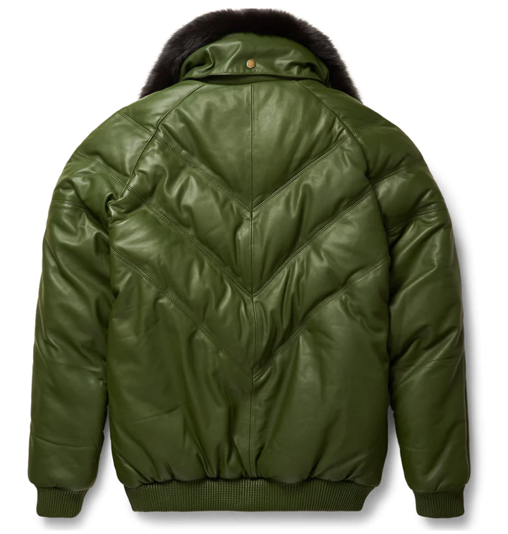 New Olive Leather V-Bomber Jacket For Men With Black Fur Collar