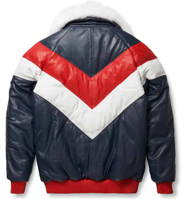 New Men V Bomber Jacket Multi Color Red White Blue With White fur Collar