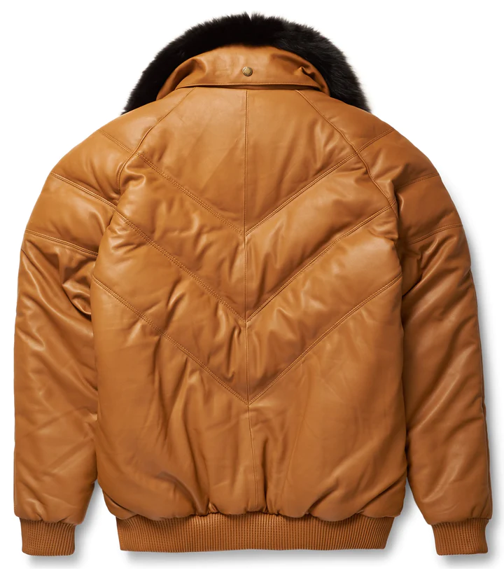 New Brown V Bomber Jacket With Black fur Collar For Men