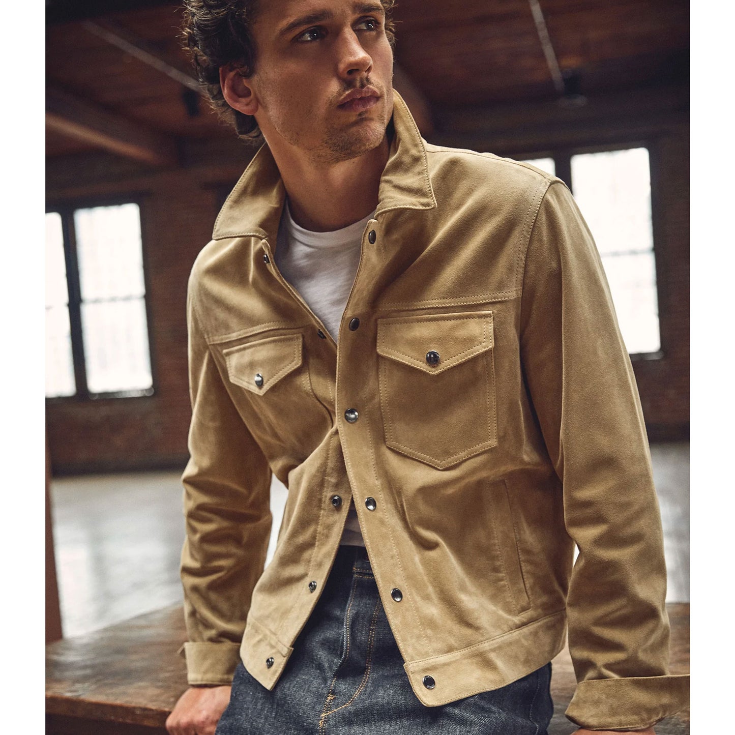 New Men Cream Bomber Suede Seepskin Trucker Leather Jacket