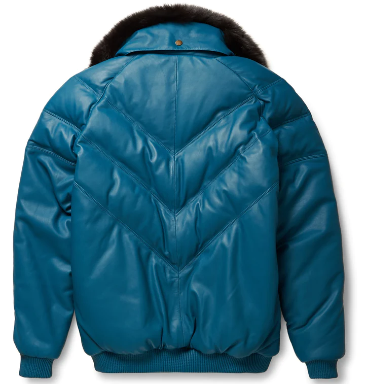 New Men Teal Leather V Bomber Jacket With Black Fur Collar