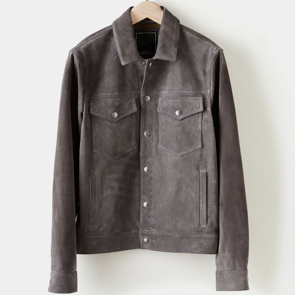 New Grey Suede Sheepskin Cowboy Leather Trucker Jacket for Men