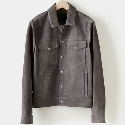New Grey Suede Sheepskin Cowboy Leather Trucker Jacket for Men