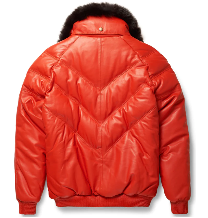 New Red Leather V Bomber Jacket With Black Fur Collar For Men