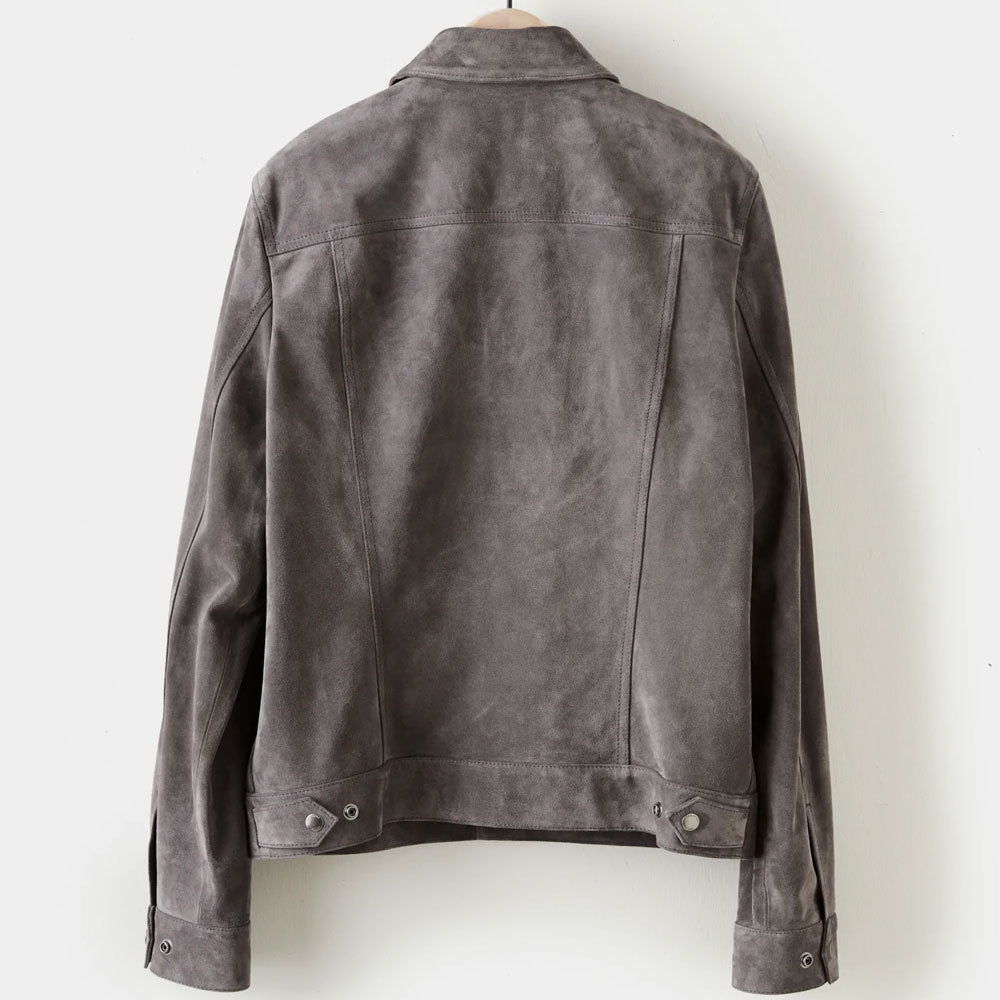New Grey Suede Sheepskin Cowboy Leather Trucker Jacket for Men