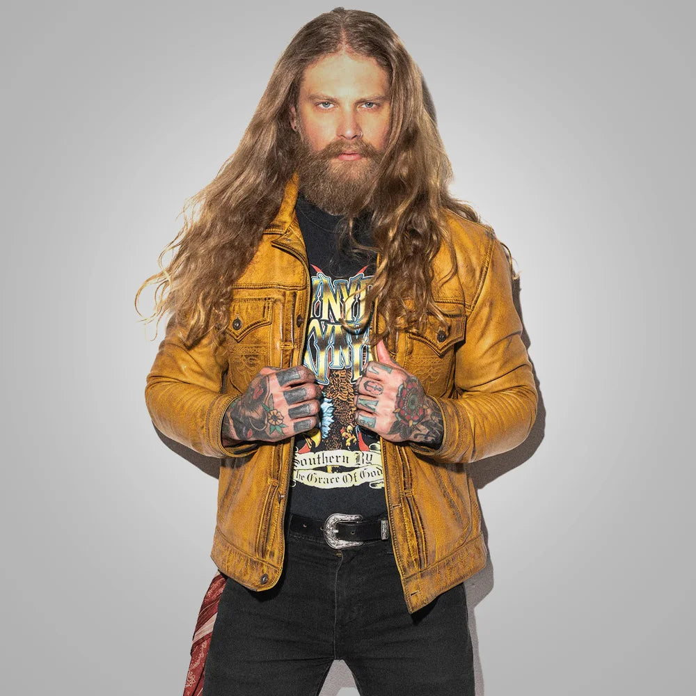 brown leather jacket