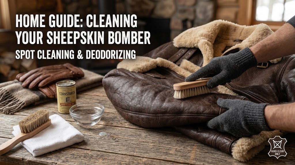 Clean Mens Sheepskin Bomber Jacket at Home