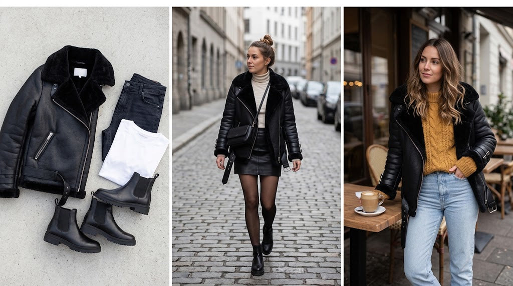 black shearling jacket outfit ideas women