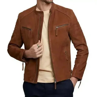 Leather Biker Jacket Brown Mens