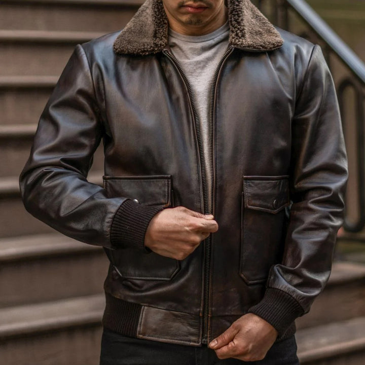 Brown Leather Bomber Jacket