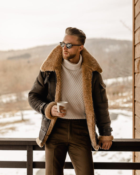 Mens Sheepskin Brown B3 Shearling Flying Leather Long Jacket