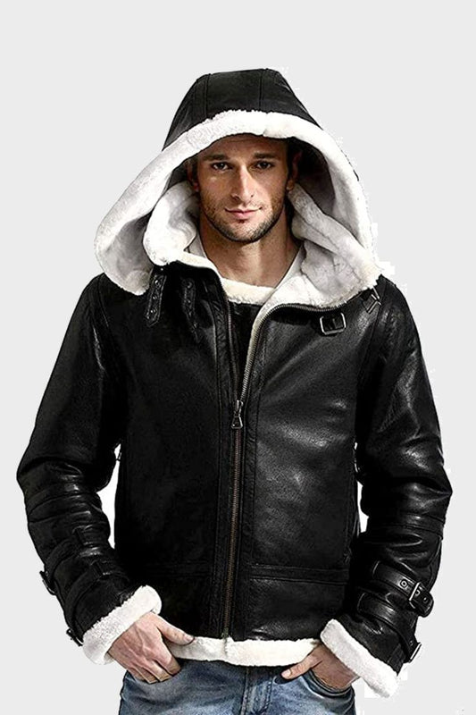 Stay Warm and Stylish with Men's B3 Bomber Shearling Leather Jacket with Removable Hood 