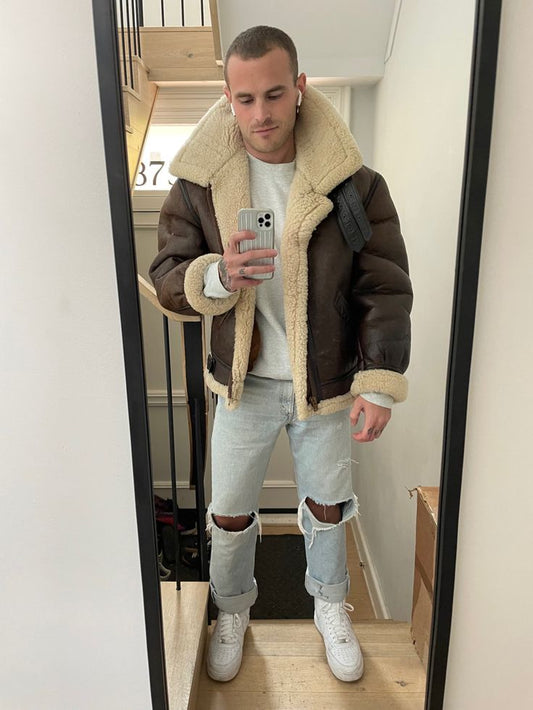 Man wearing shearling bomber leather jacket | Woman wearing shearling bomber leather jacket  | Shearling bomber leather jacket benefits  | Men's shearling bomber leather jacket styles |  Women's shearling bomber leather jacket styles