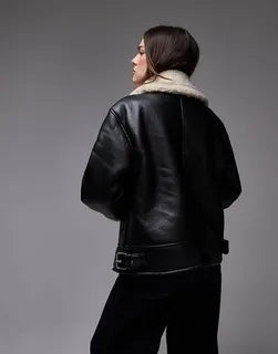 topshop black leather jacket with shearling