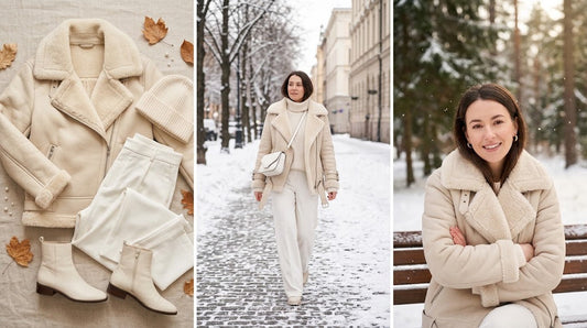 white shearling jacket winter outfit
