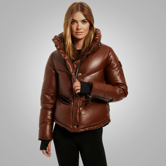 New Best Dark Brown Sheepskin Bubble V-Bomber Leather Jacket For Women