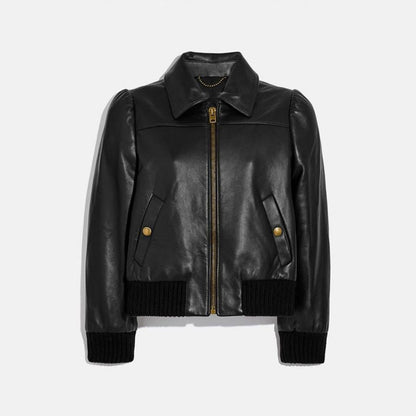 New Women Black Sheepskin Shearling Leather Bomber jacket