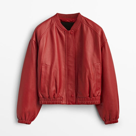 New Red Women's Sheepskin Shearling Aviator Bomber Leather Biker Jacket