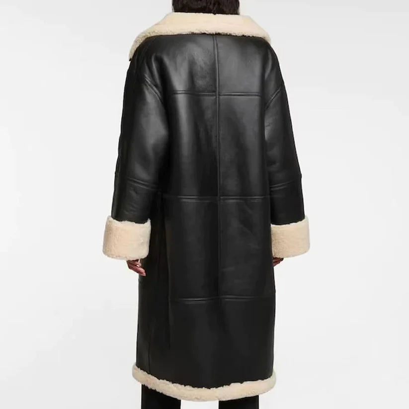 New Women Lambskin Black Shearling Leather Long Coat With White Fur