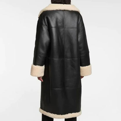 New Women Lambskin Black Shearling Leather Long Coat With White Fur