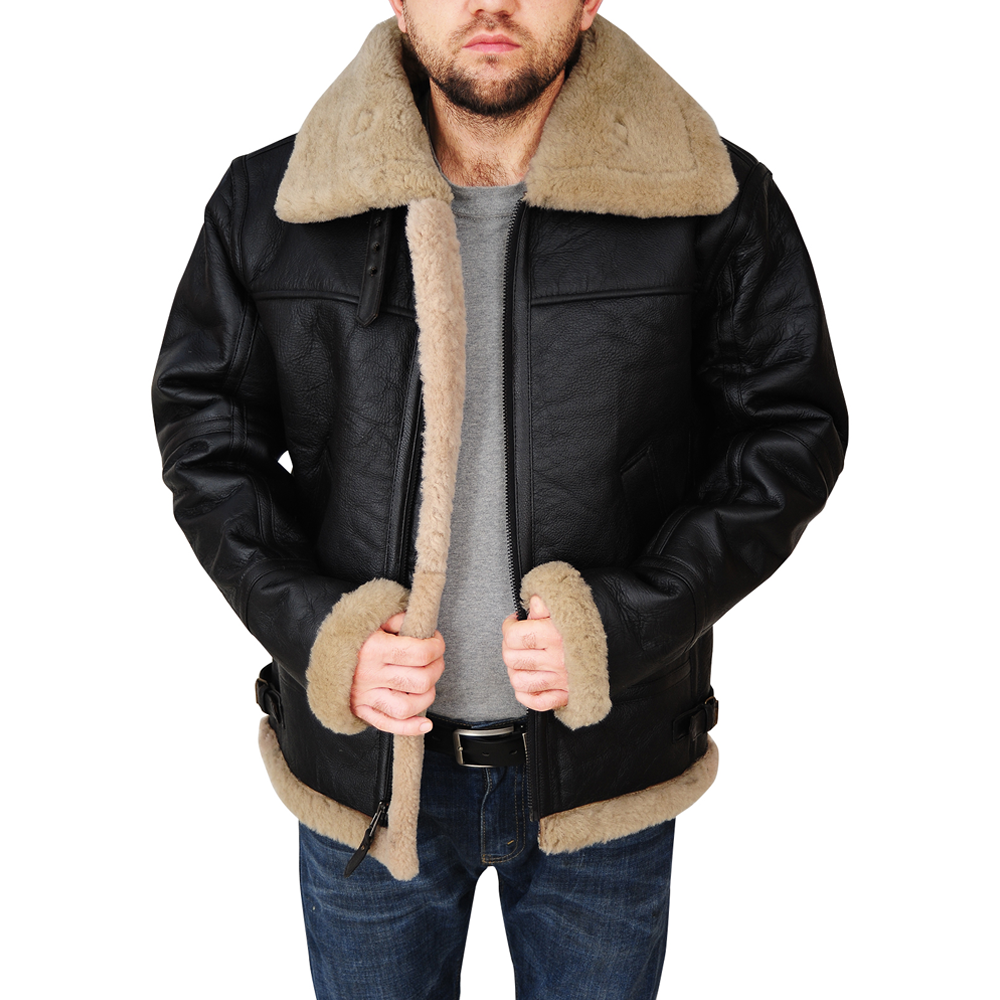 New Men Winter Wool Lamb Fur Aviator Leather Jacket B3 Bomber Jacket