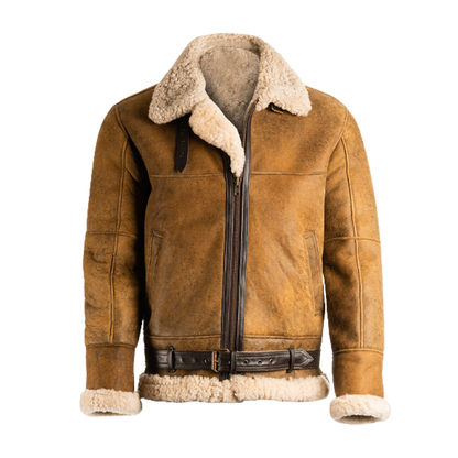 New Shearling B3 With Fur Cuffs Aviator Mens Brown sheapskin Leather Jacket