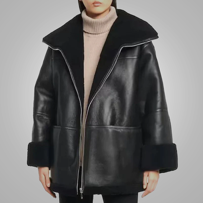 New Black Women Lambskin B3 Bomber  Shearling Leather Coat With Black fur